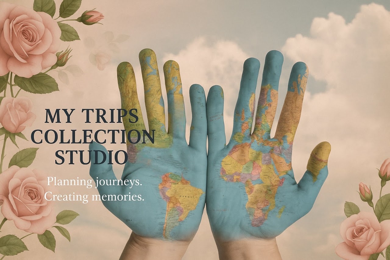 ידיים צבועות כמפת העולם לצד ורדים והכיתוב My Trips Collection Studio